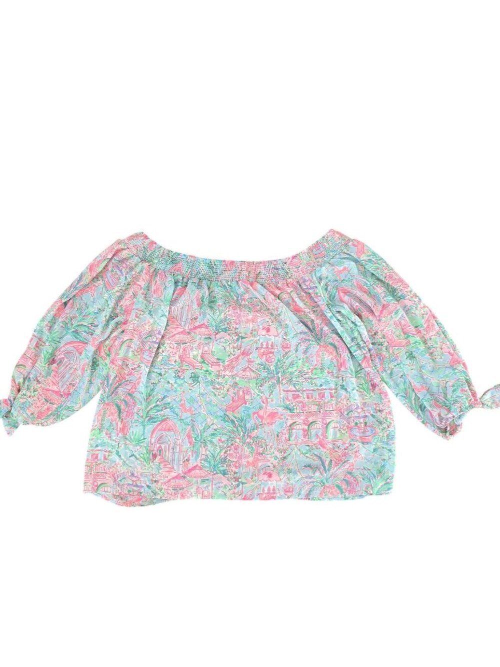 Lilly Pulitzer XL Off-The-Shoulder Top Pastel Tropical 100% smock Neckline